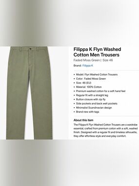 Filippa K Flyn Washed Cotton Men’s Trousers - Faded Moss Green - Size 46- New